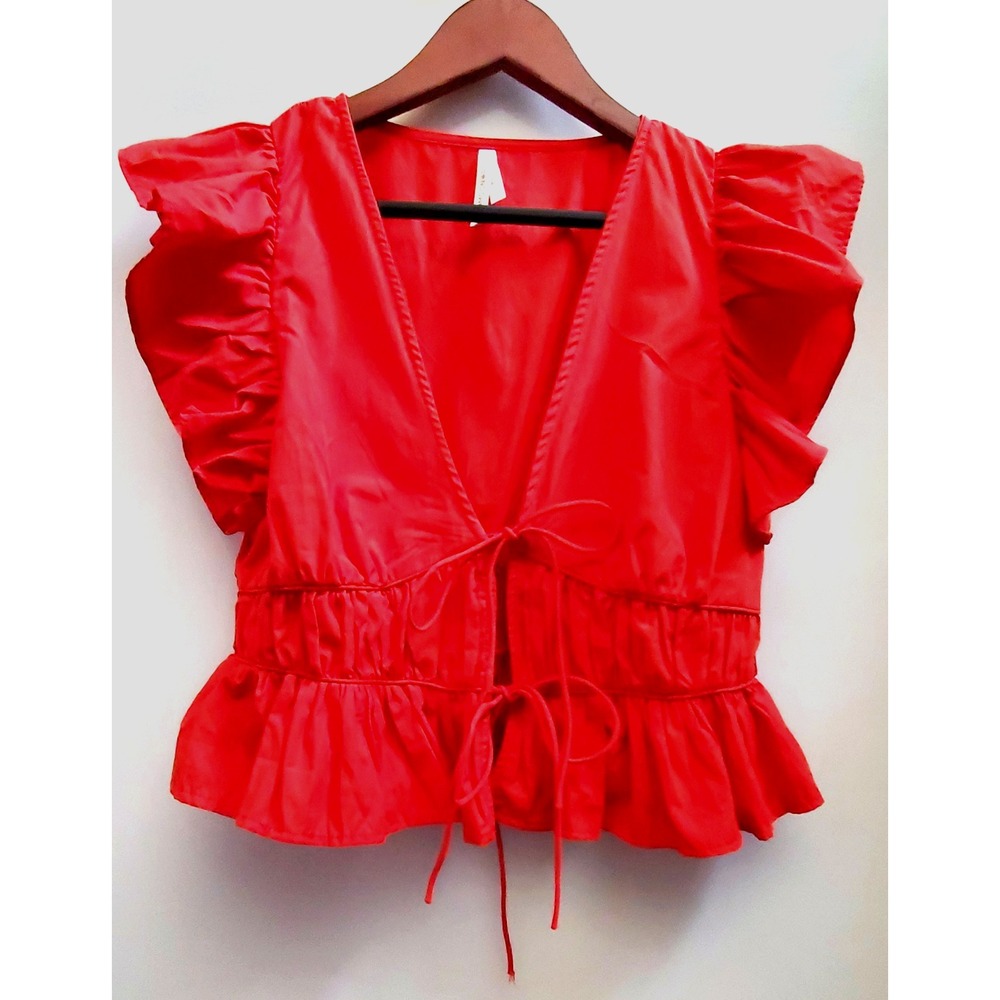Moon Orchid Blouse L Red Open Front Tie Ruffled Sleeves Smocked Peplum Romantic